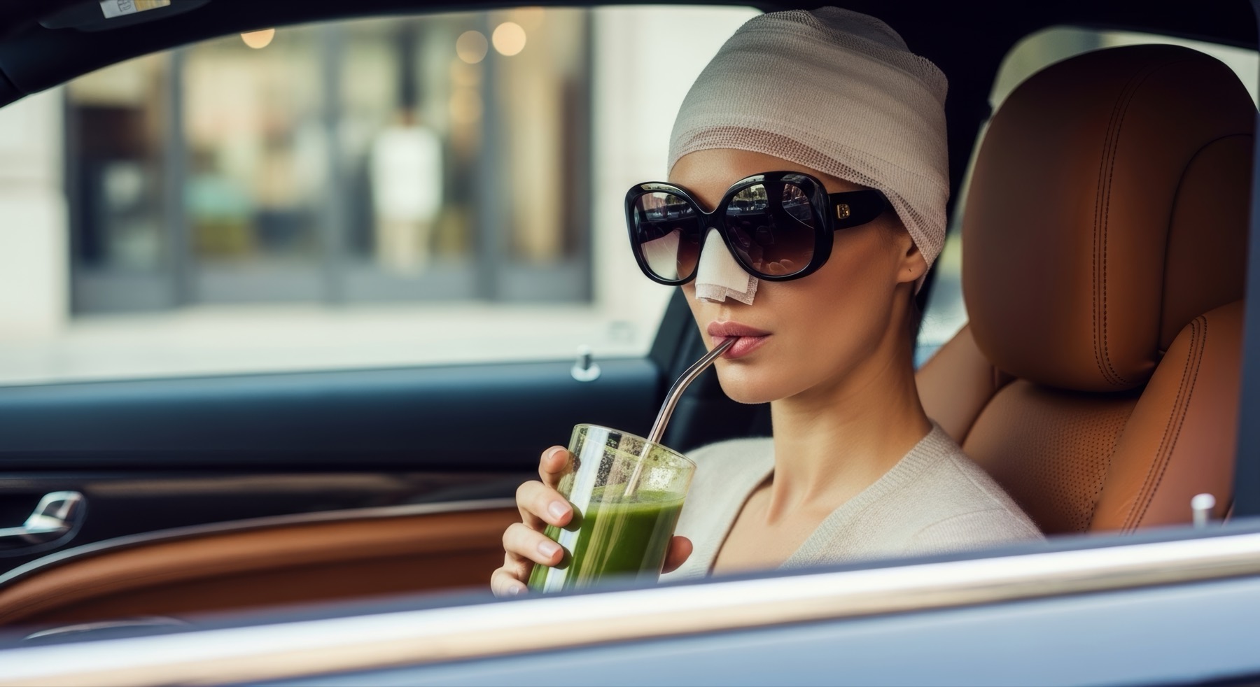 A woman with a rhinoplasty bandage holding green juice during recovery